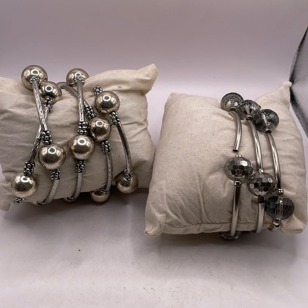 2 vintage brackets 1 memory wire silver balls and cylinder  3 stretch bracelet